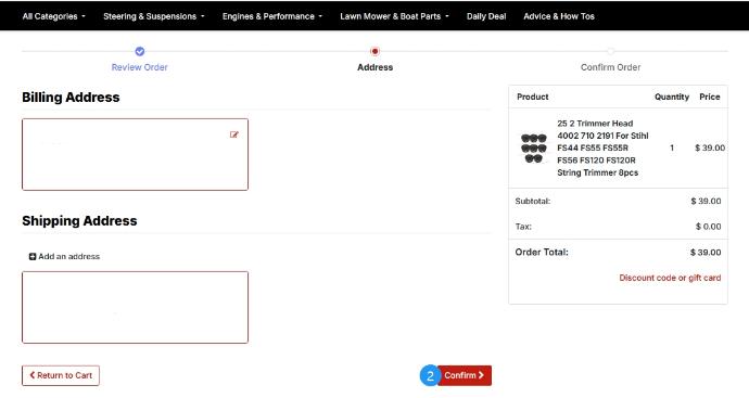 Place order on hexautoparts step two