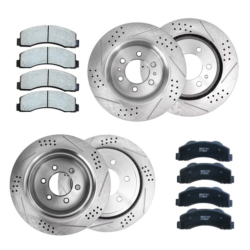 [210-BR307*2-BR407*2-107-207-ZZ15*15*10-ZZ15*15*12] 12.99 inch Front and 13.57 inch Rear Drilled Slotted Brake Rotors For 2007-2014 Cadillac Escalade Chevy Silverado 1500 GMC Included Ceramic Pads