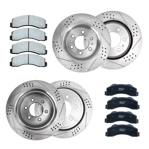 [210-BR307*2-BR407*2-107-207-ZZ15*15*10-ZZ15*15*12] 2007-2014 Cadillac Escalade Chevy Silverado 1500 GMC Front Rear Drilled Slotted Brake Rotors and Ceramic Brake Pads