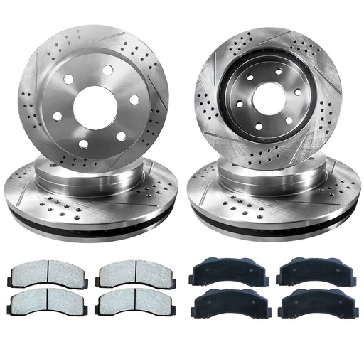 [BR07144*2-45*2-03-04-ZZ14*14*10-ZZ15*15*12] 12 inch Front And 13.86 inch Rear Drilled Slotted Brake Rotors For  2001-2006 Chevy Silverado GMC Sierra 1500 Included Ceramic Pads